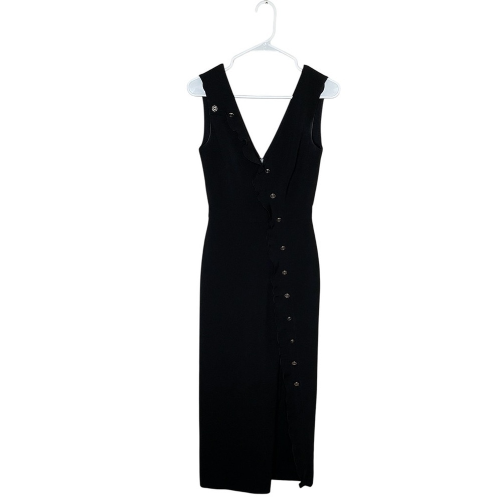 SALONI Marley Button-Embellished Ruffle Midi Dress in Black Size 2 Slit Elegant - Picture 5 of 15